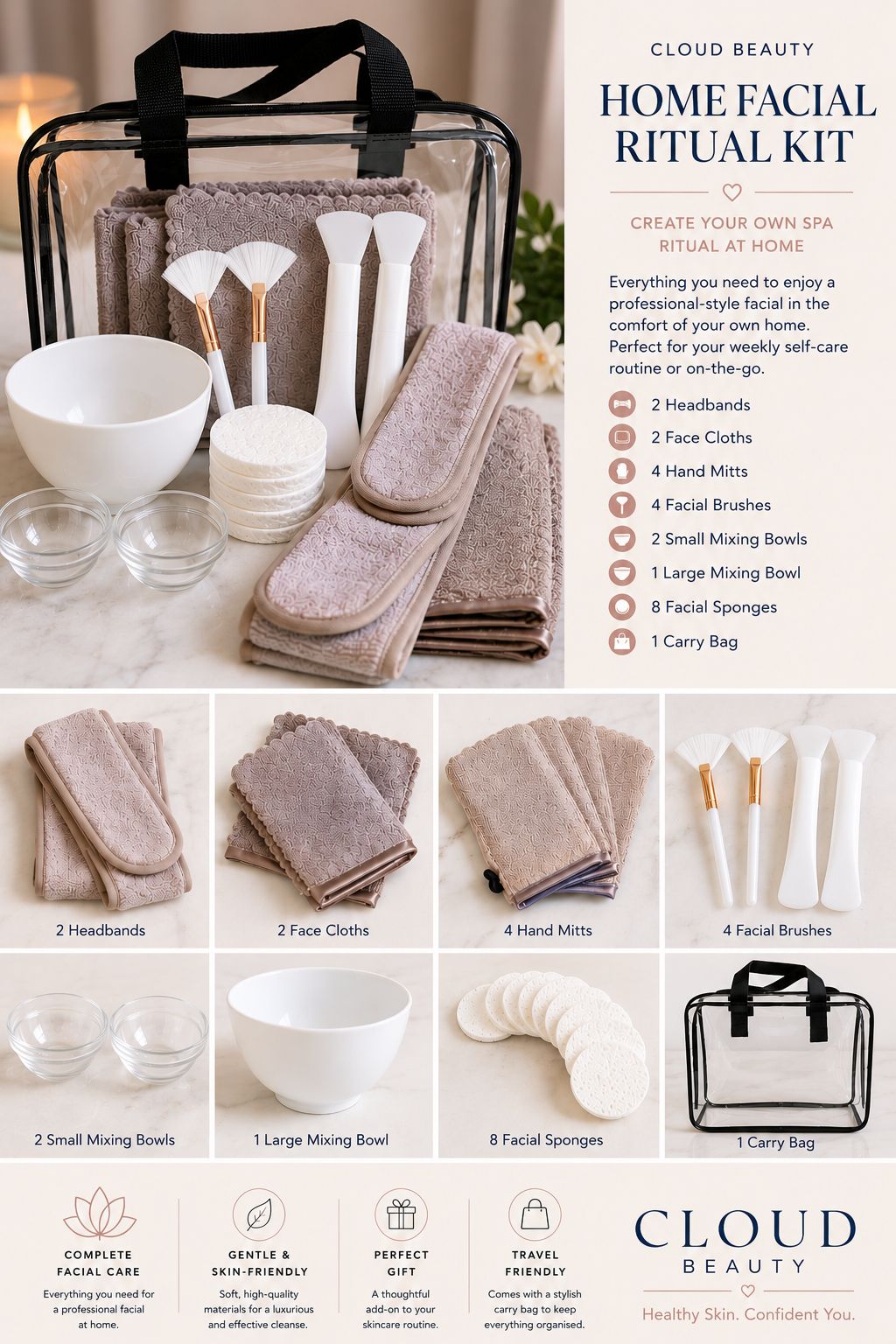 Facial ritual kit in zip pouch with brushes, face cloths, mixing bowls, sponges, cups