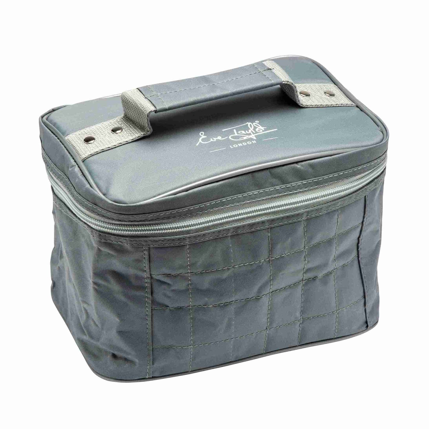 Gray quilted makeup bag with a brand logo on a white background