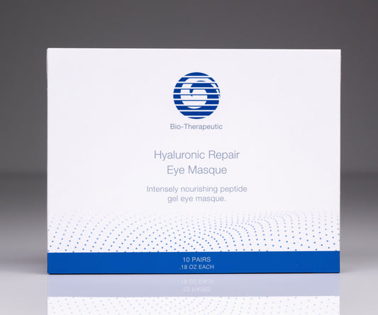 Eye masque box, white packaging with blue stripe and Bio-Therapeutic logo