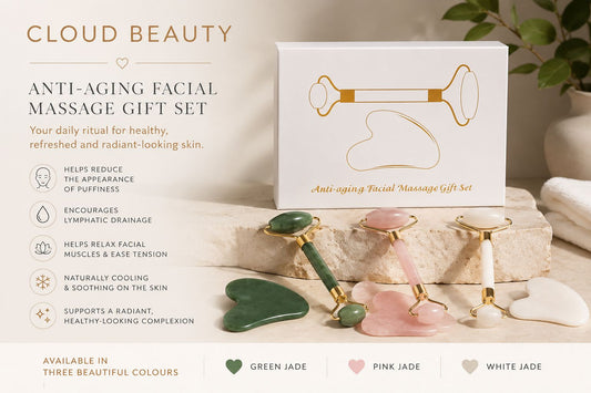 Facial massage gift set box with jade roller and heart gua sha tools