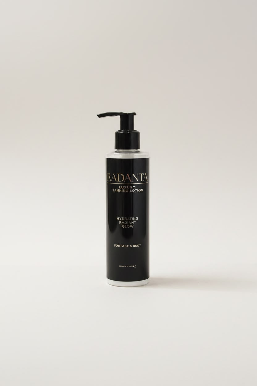 Tanning lotion bottle with pump, RADIANTA label, dark glass and black cap