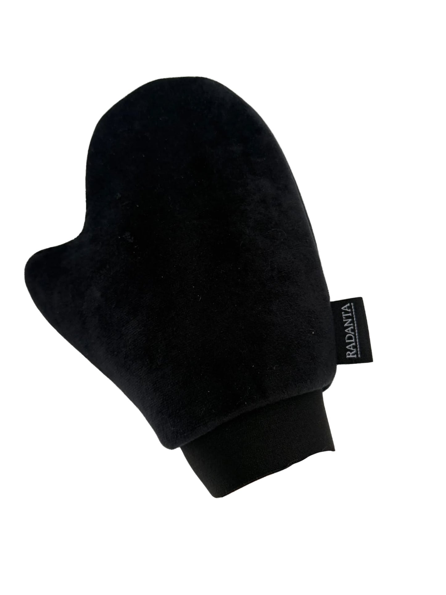 Black tanning mitt with thumb, soft fabric cuff; RADIANT label