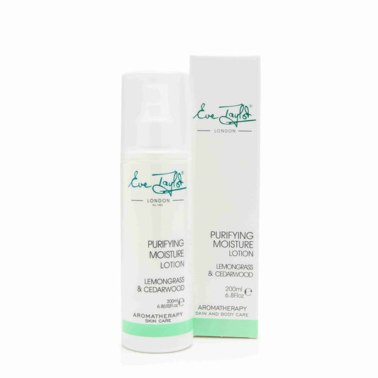 Two bottles of Eve Taylor Purifying Moisture Lotion on a white background