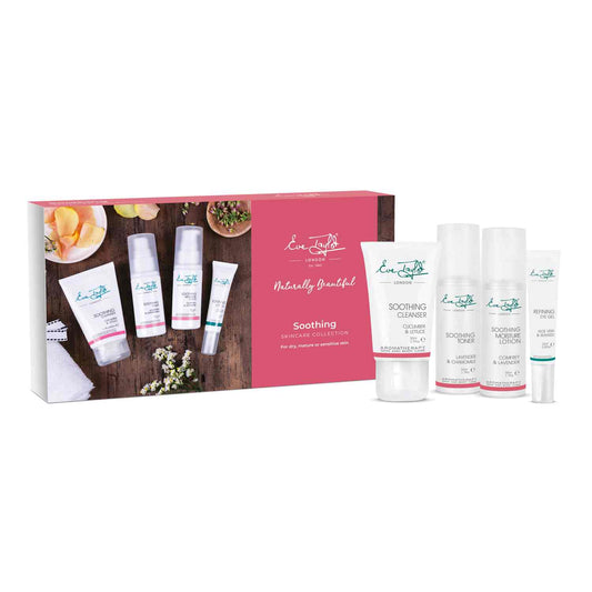 Set of skincare products with a pink box on a white background.