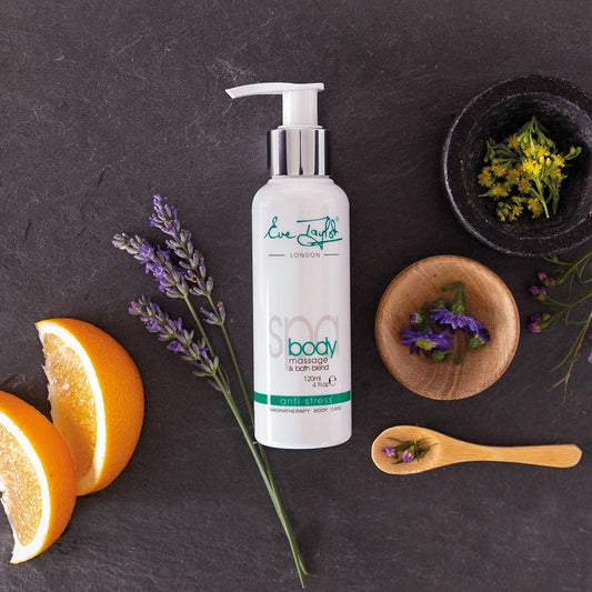 Anti-stress body lotion bottle with white pump and silver collar