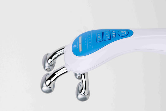 White electronic device with blue display and control buttons on a white background