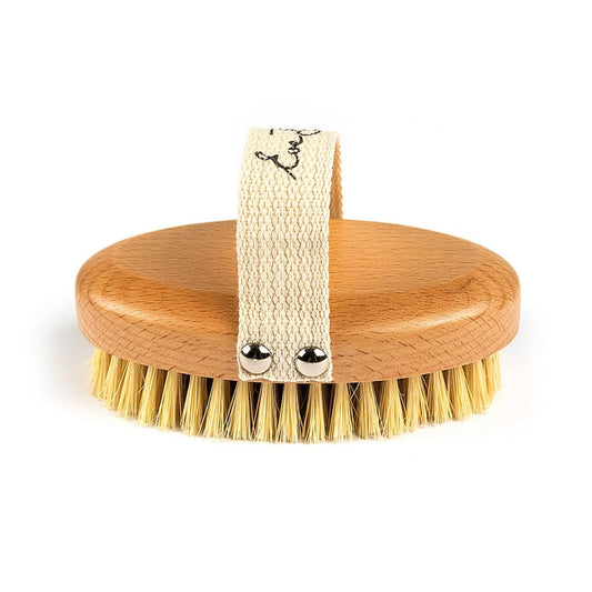 Dry body brush with round wooden base, cream bristle head, fabric strap