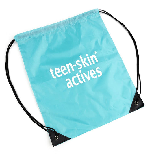 Turquoise drawstring bag with 'teen-skin actives' text on a white background