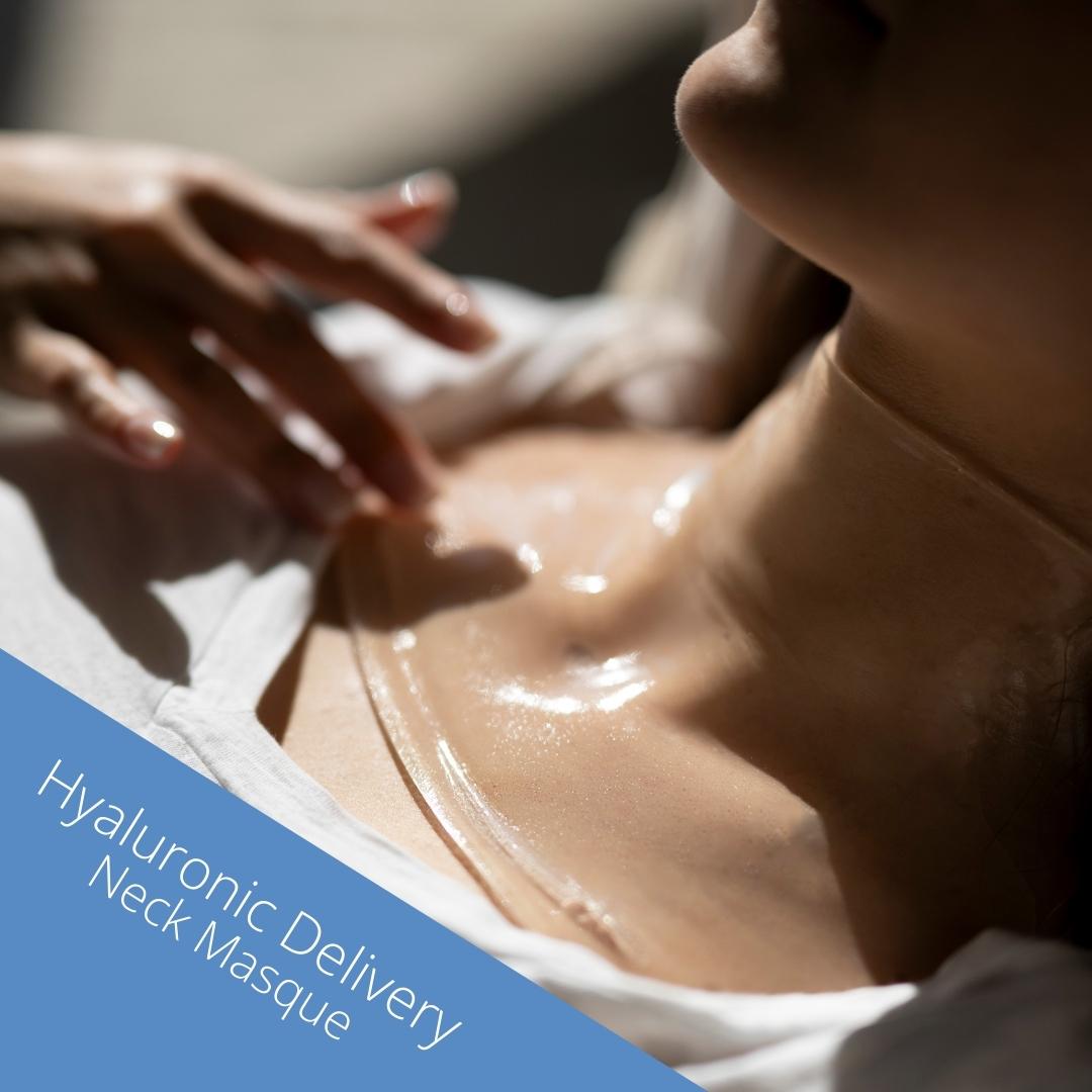Hyaluronic neck-face masque gel applied over woman's skin