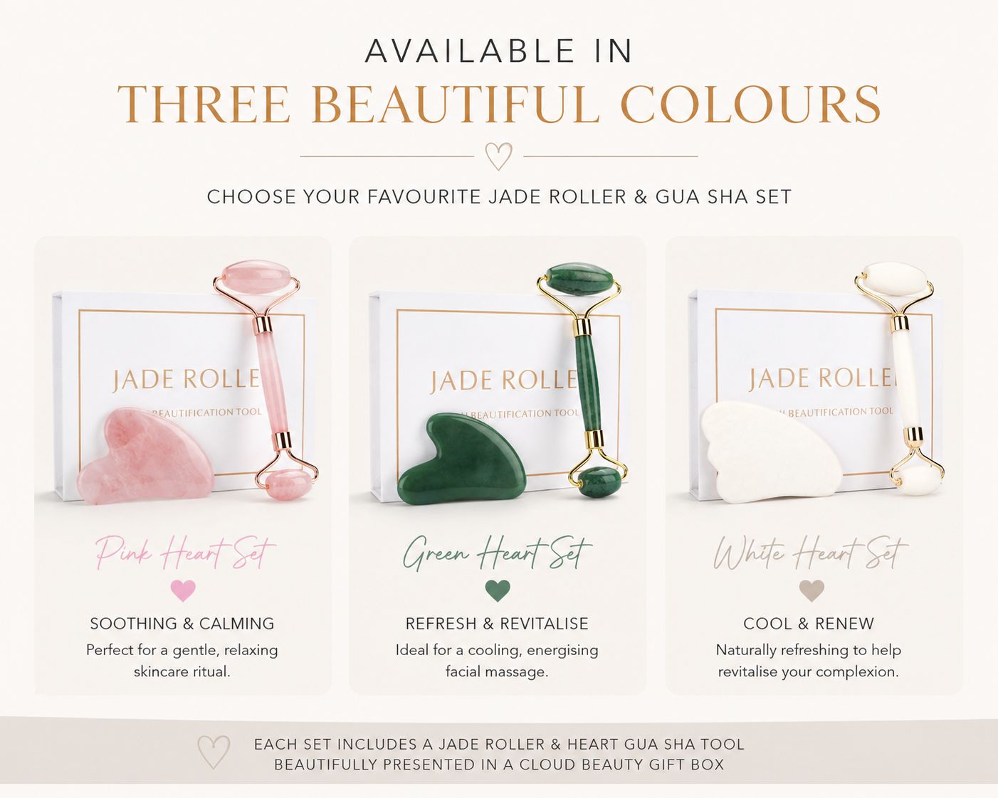 Jade roller and heart gua sha set options: pink, green, and white
