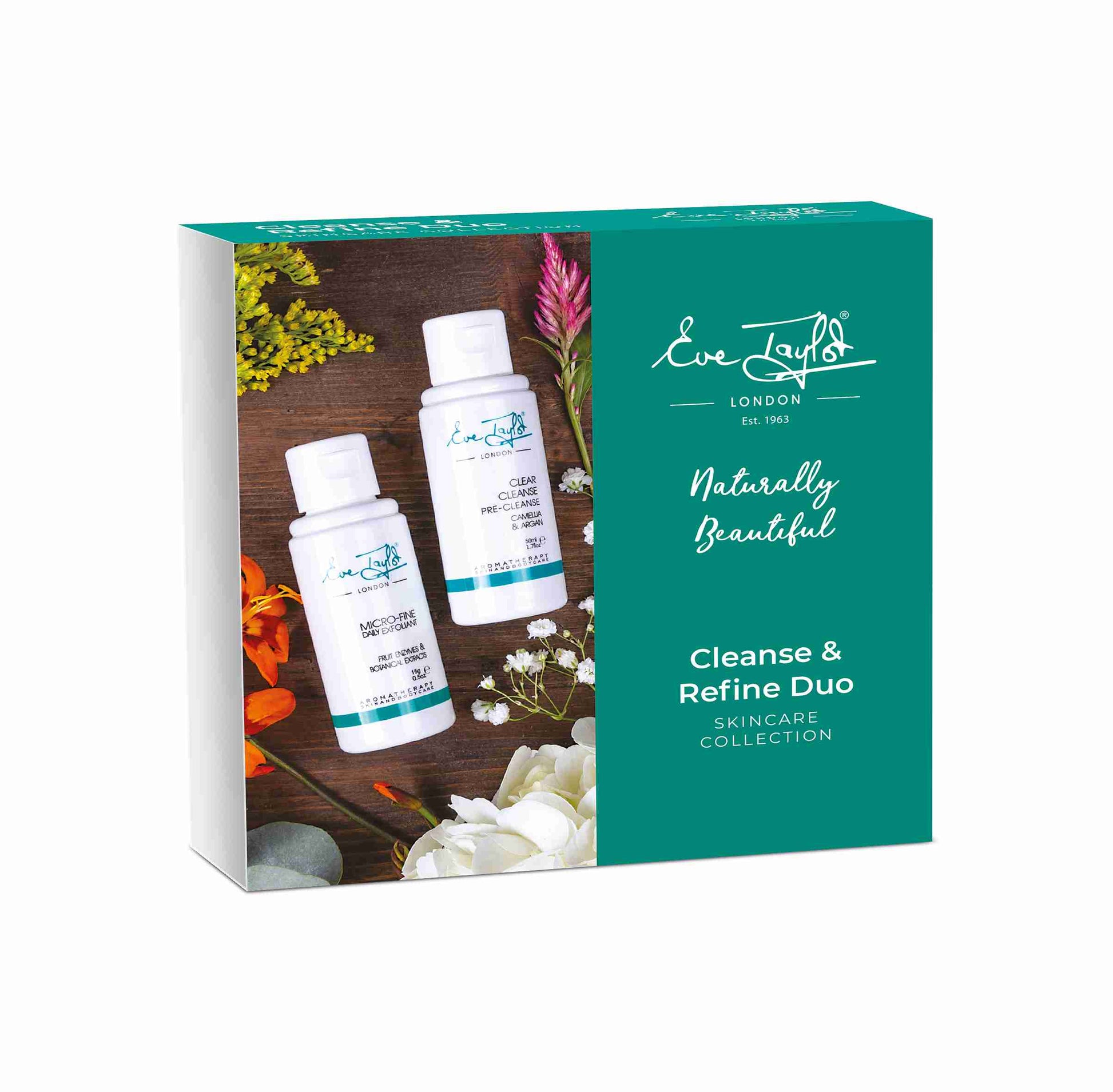 Eve Taylor London skincare duo packaging with bottles and flowers on a white background