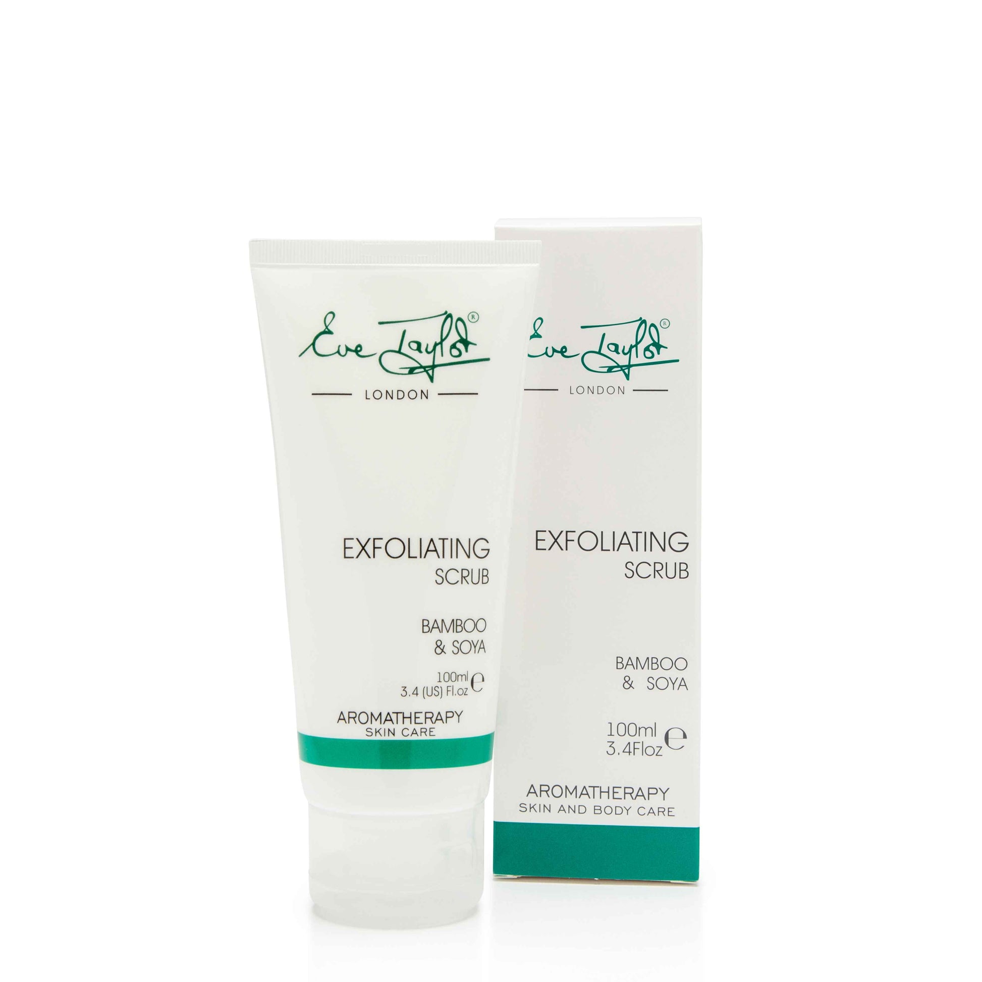 Two bottles of Eve Taylor Exfoliating Scrub on a white background