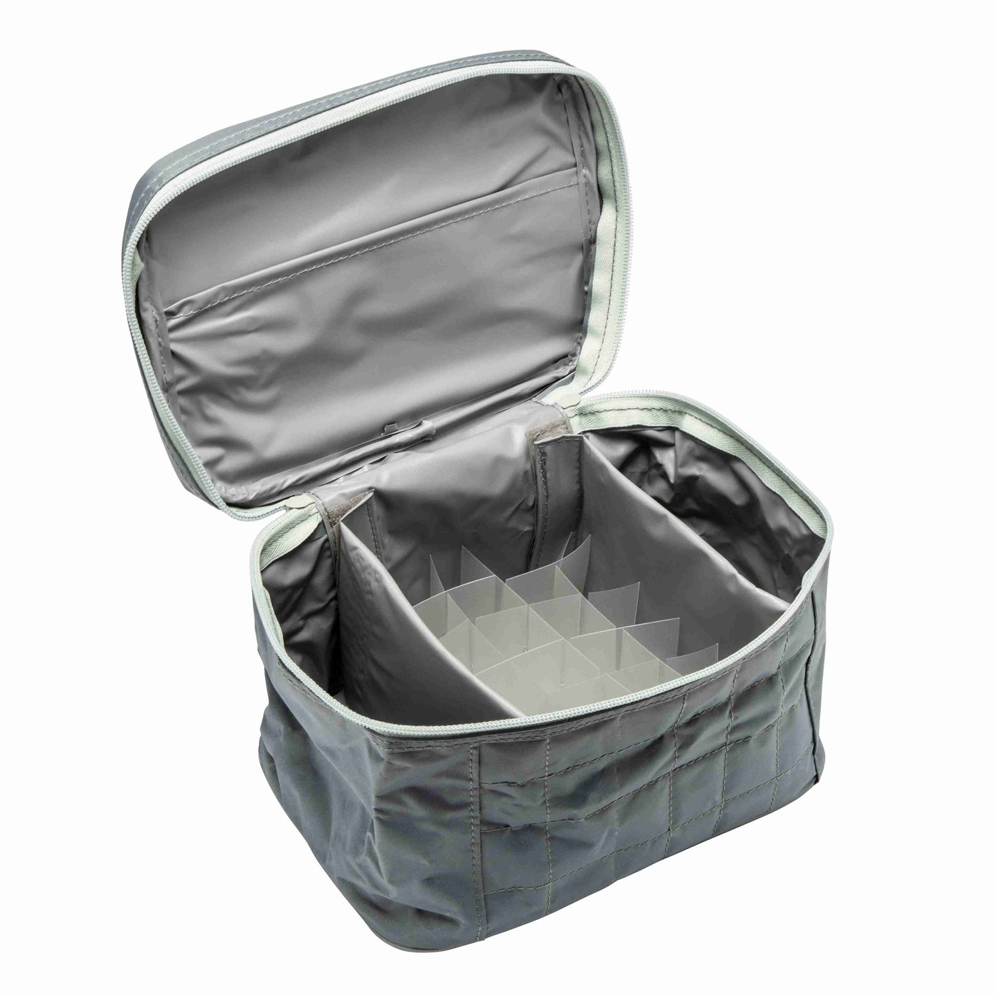 Gray vanity case with open lid on a white background