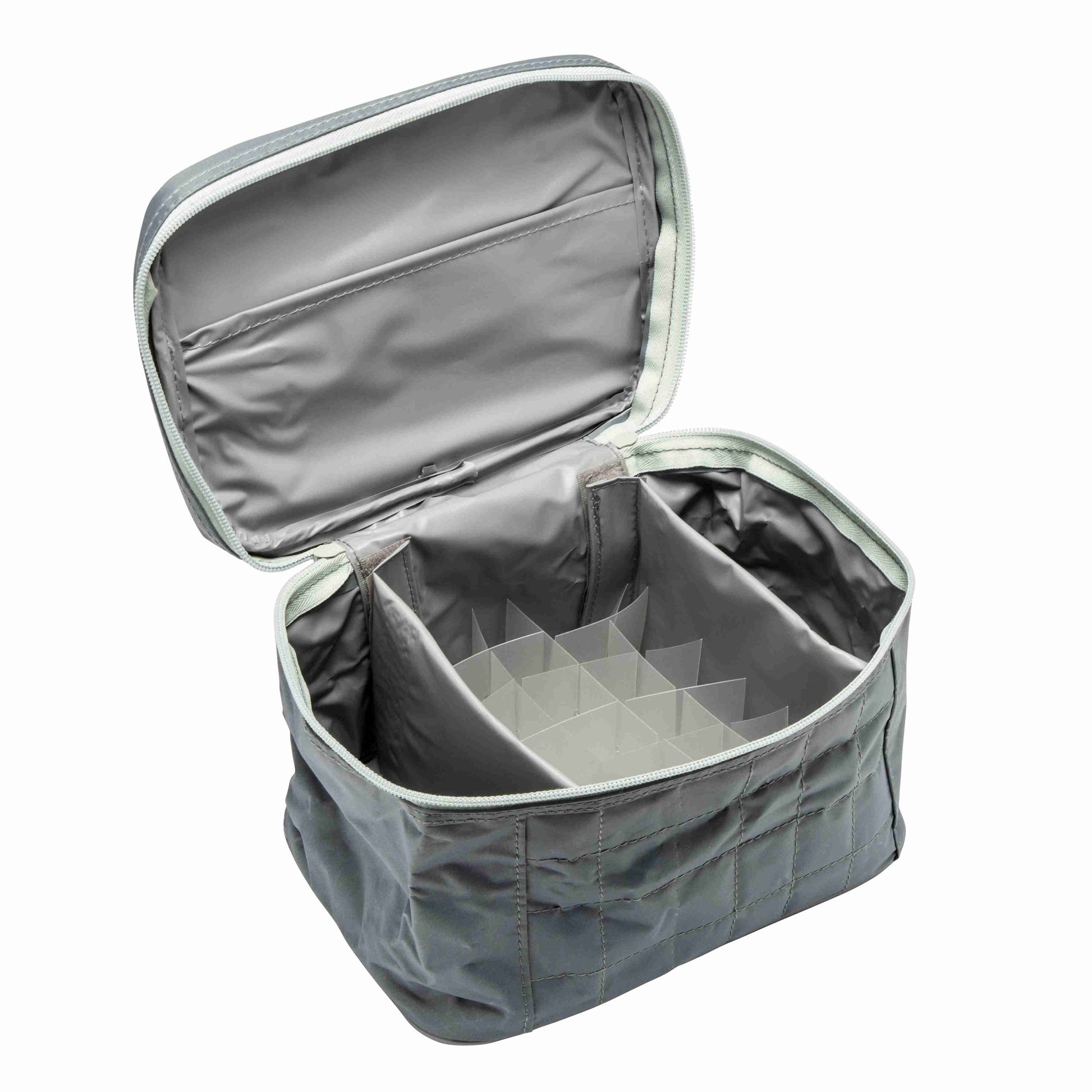 Gray vanity case with open lid on a white background