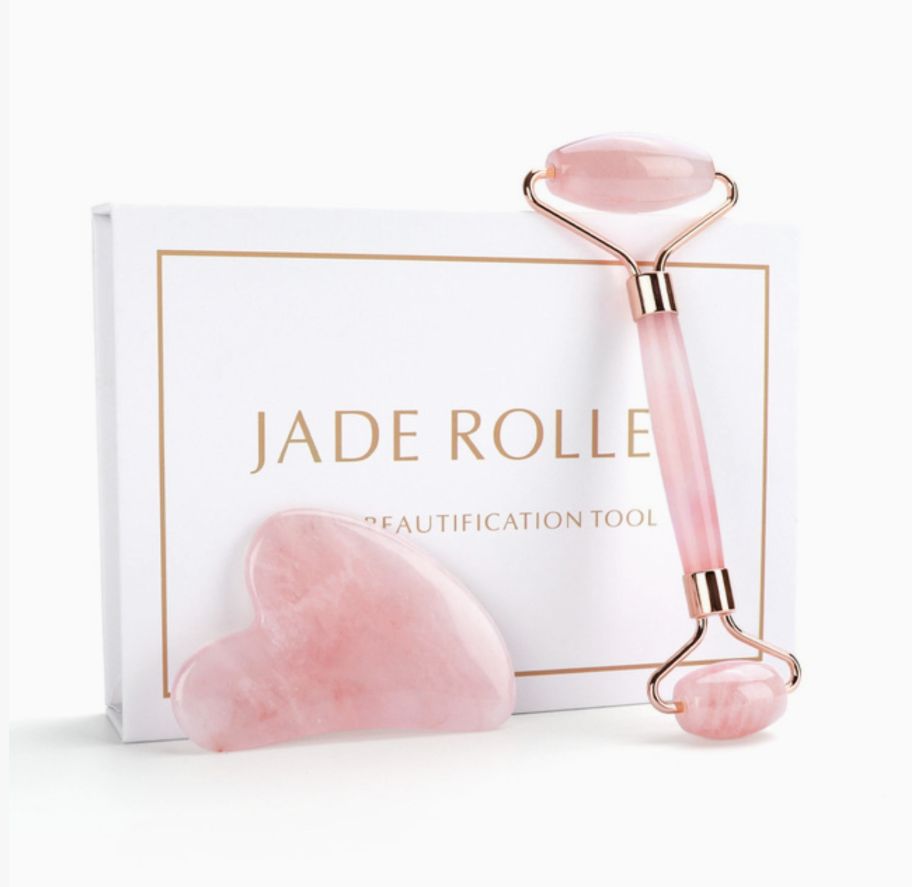 Pink jade roller and heart gua sha tool set with gold-tone handles