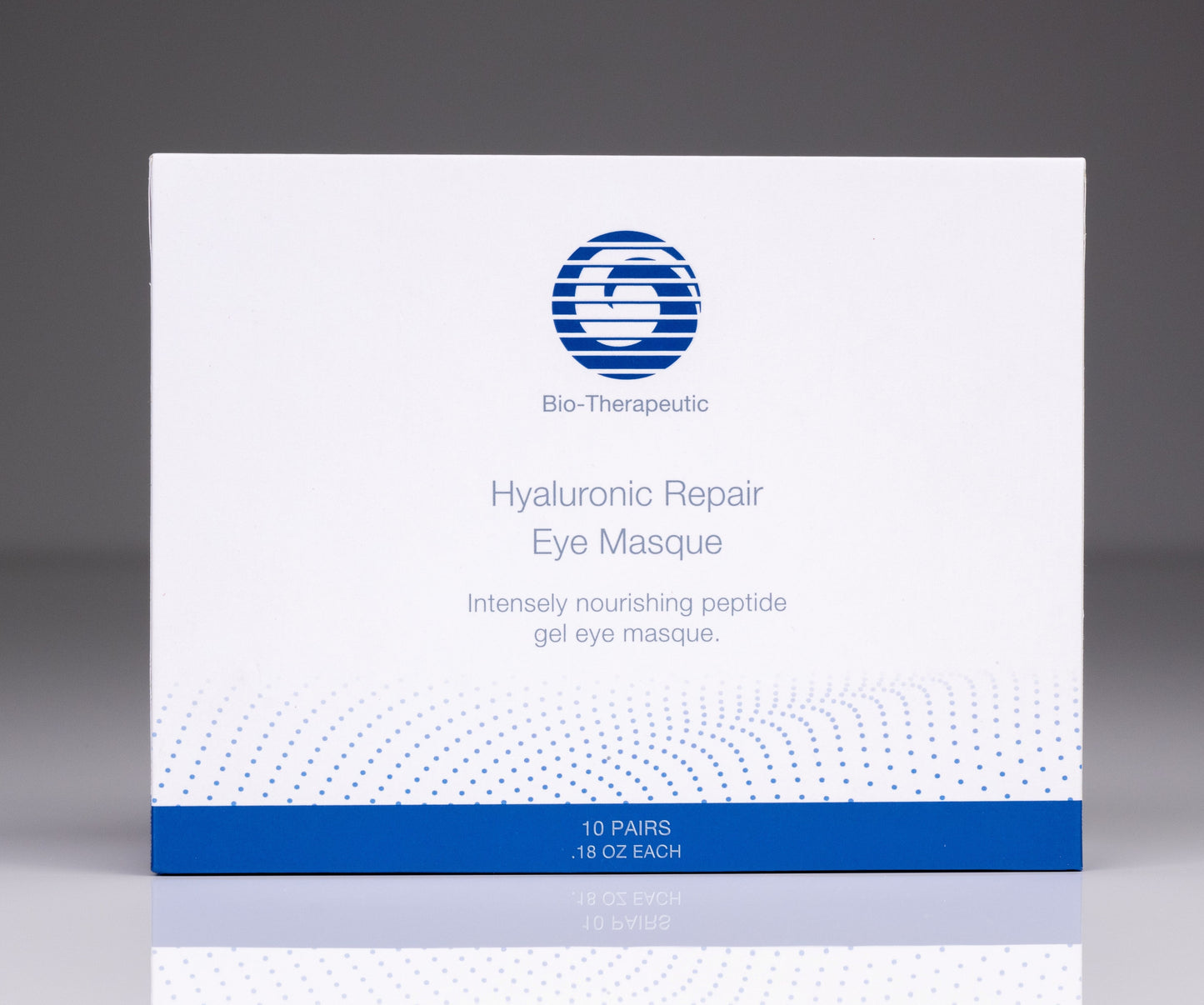 Eye masque box, white packaging with blue stripe and Bio-Therapeutic logo