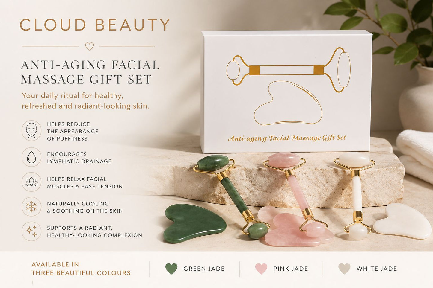 Facial massage gift set box with jade roller and heart gua sha tools