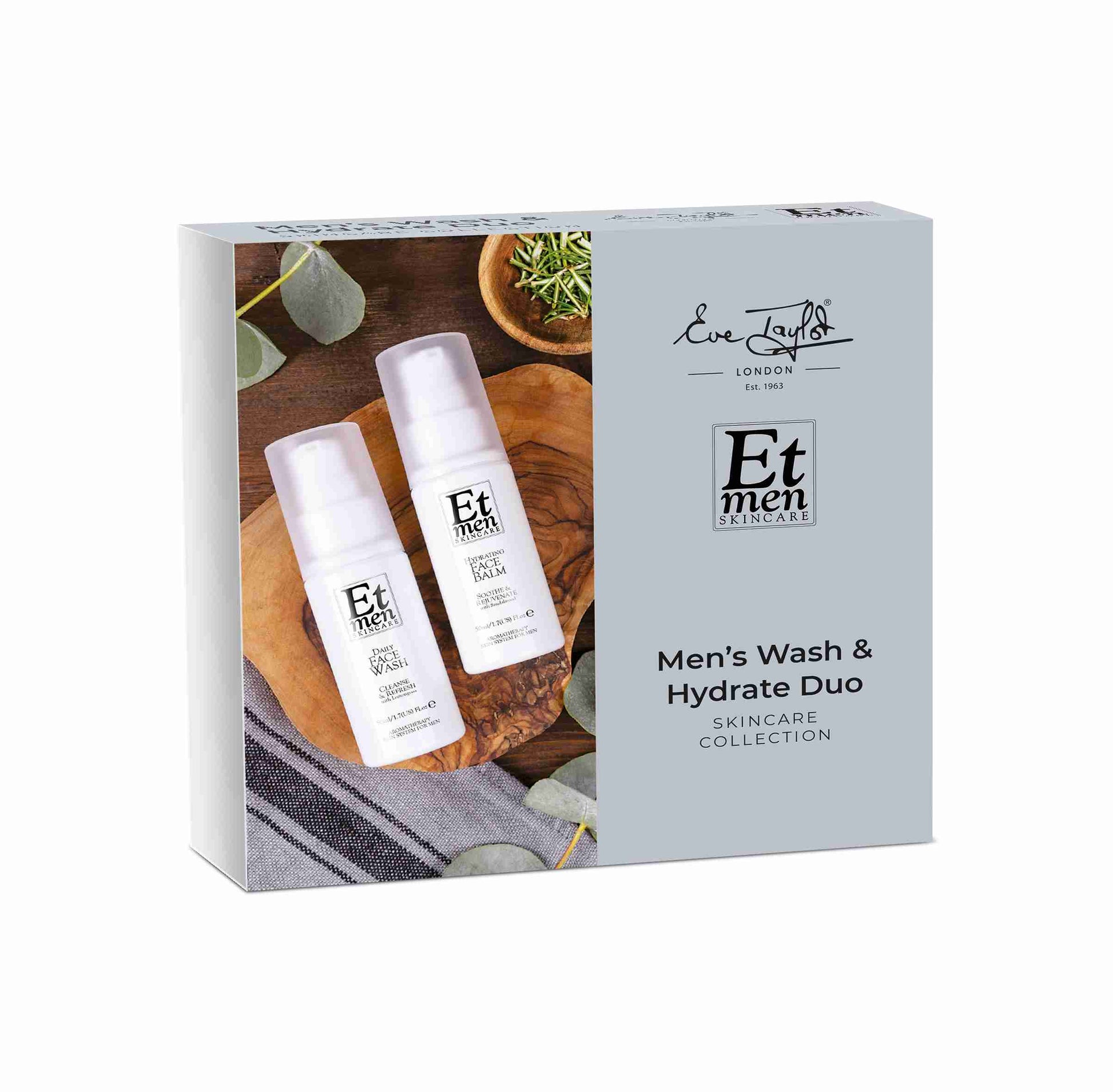 Eve Taylor Men's Skincare Duo packaging with two bottles on a wooden board.
