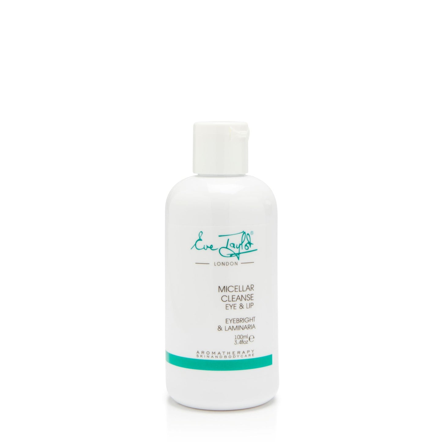 White bottle of Micellar Cleanse Eye & Lip with green label on a white background