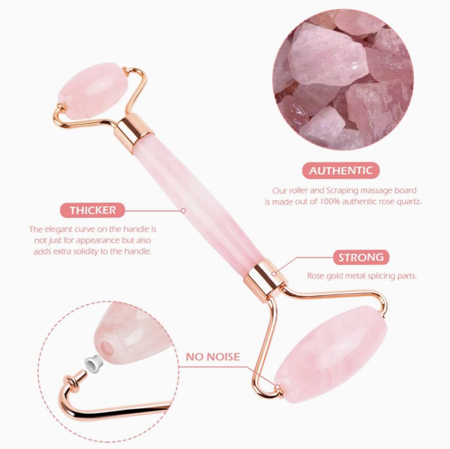 Rose quartz jade roller and heart gua sha tool with gold-tone frames