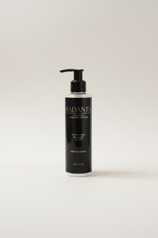 Tanning lotion bottle with pump, RADIANTA label, dark glass and black cap