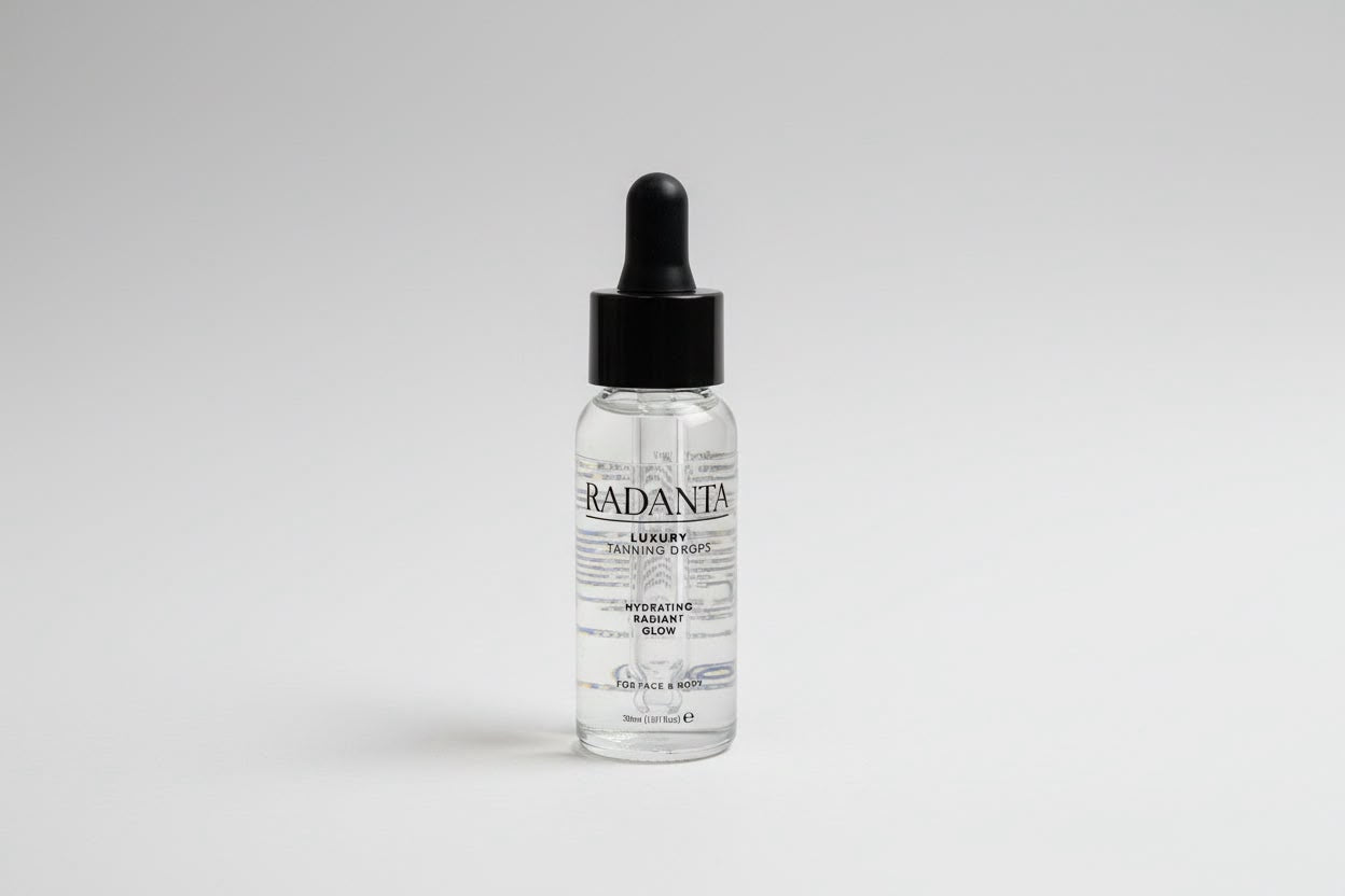 Tanning drops serum bottle with black dropper cap and clear glass, labeled RADANTA.