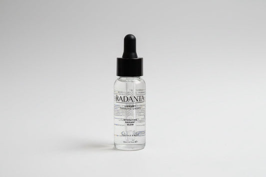Tanning drops serum bottle with black dropper cap and clear glass, labeled RADANTA.