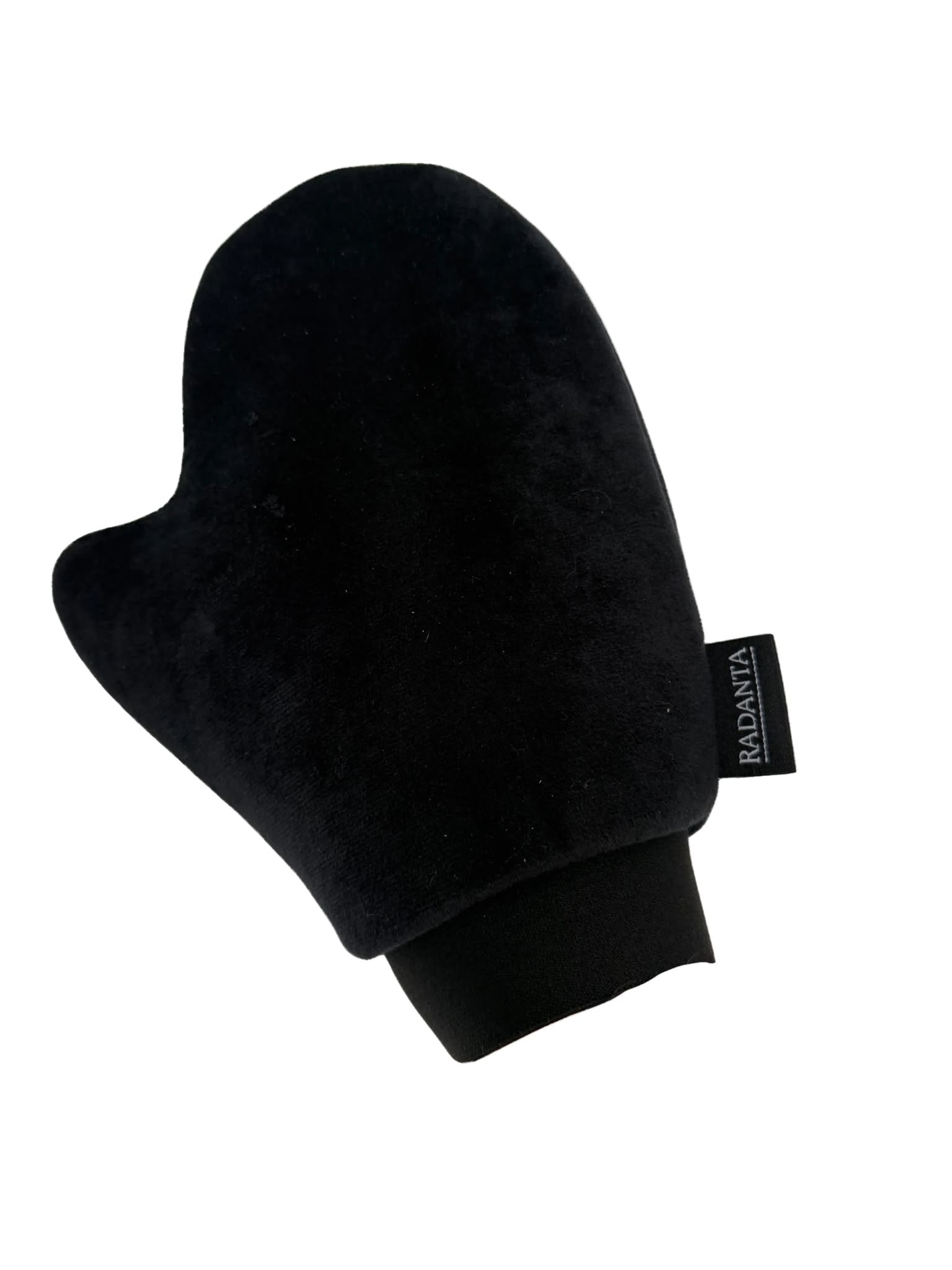 Black tanning mitt with thumb, soft fabric cuff; RADIANT label