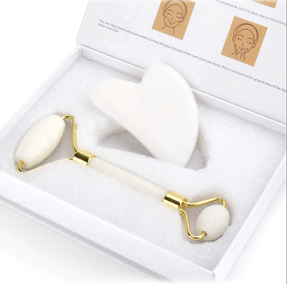 White Jade Roller & Heart Gua Sha Set