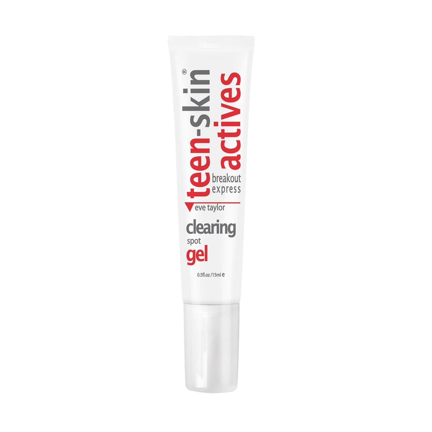 Tube of teen-skin actives clearing spot gel on a white background