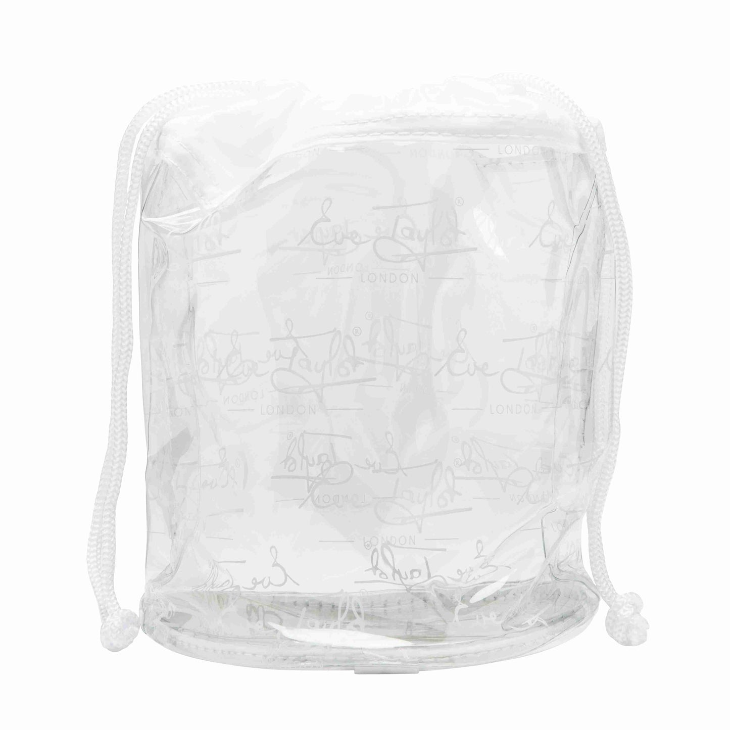 Clear drawstring bag with brand logo on a white background