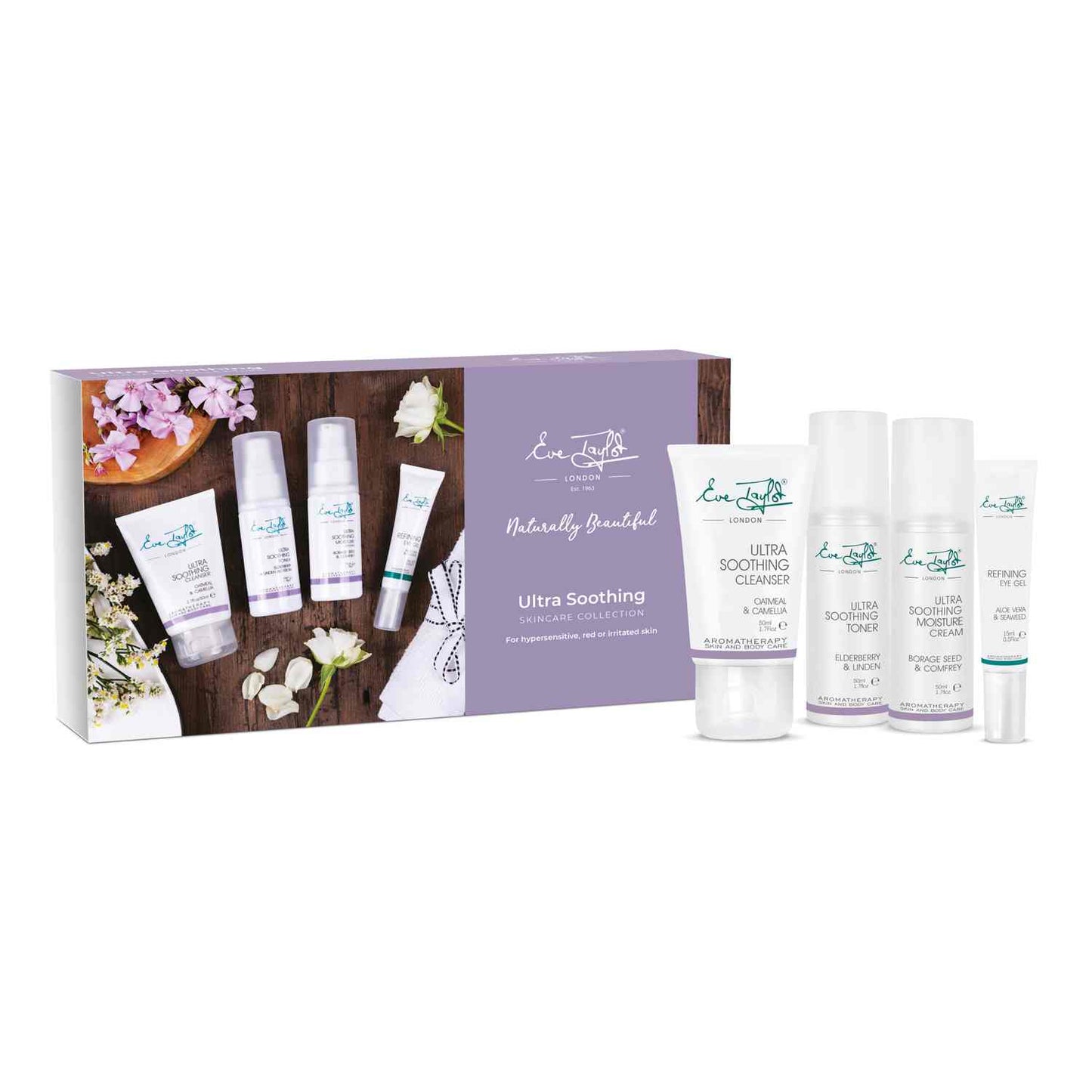 Set of skincare products with a branded box on a white background