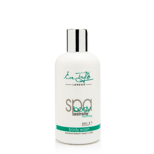 Astrelle body wash bottle, white with green label and black-striped cap