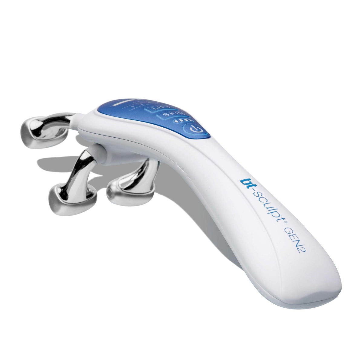BT Sculpt GEN2 white handheld skincare device with chrome rollers and blue control display