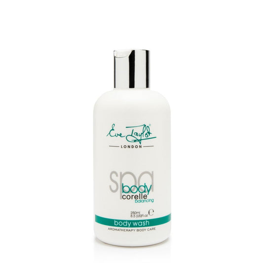 Eve Taylor body wash bottle, white with silver pump and teal label