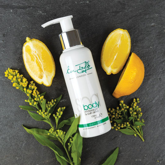 Eve Taylor London detox body massage oil bottle with pump, white packaging
