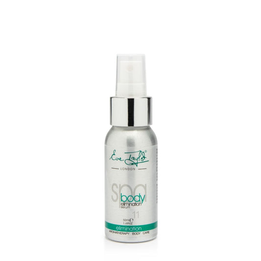 Eve Taylor body elimination serum bottle No.11 with clear pump top, silver accents