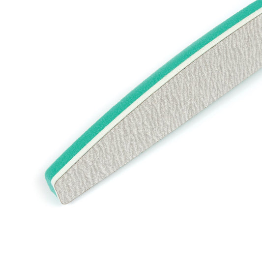 Gray nail file with teal edge and textured fine-grit abrasive surface