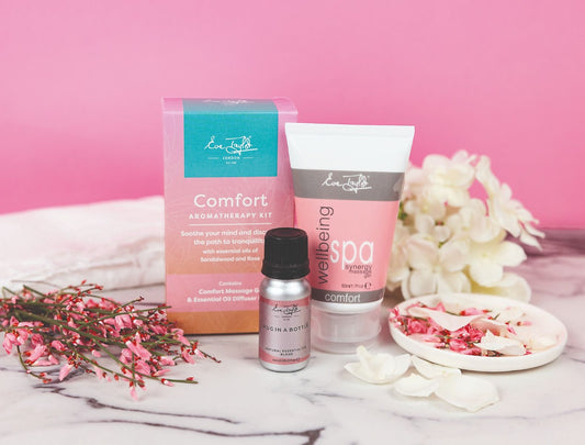 Comfort aromatherapy kit set with box, essential oil bottle, and spa comfort cream tube