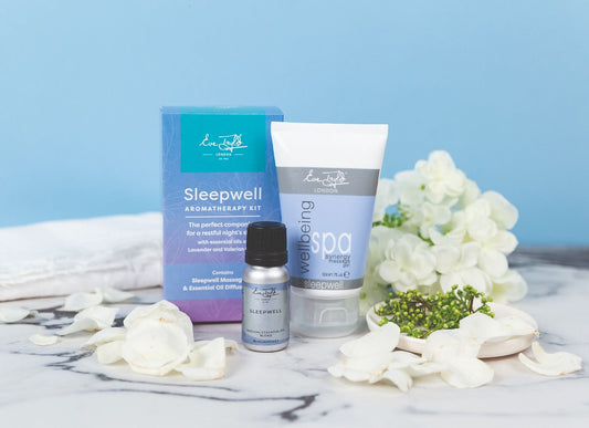 Aromatherapy kit bottle and gel tube, Sleepwell label in blue and white