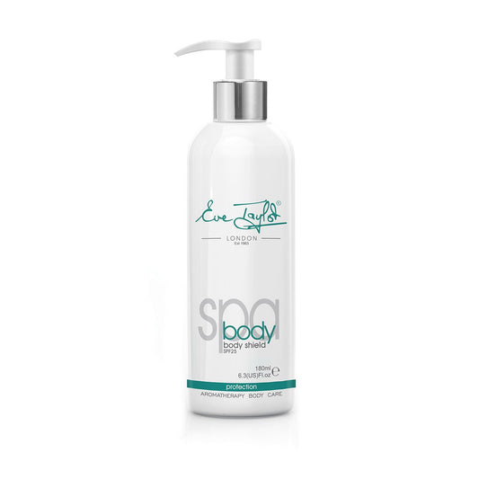 Body shield SPF25 lotion pump bottle, clear white bottle with silver pump
