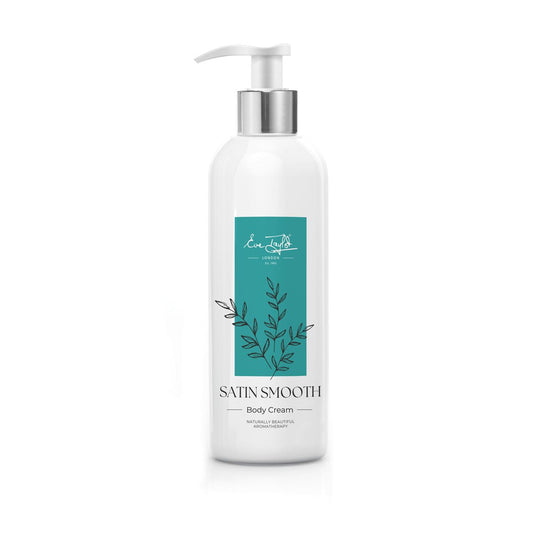White body cream pump bottle with teal “Satin Smooth” label
