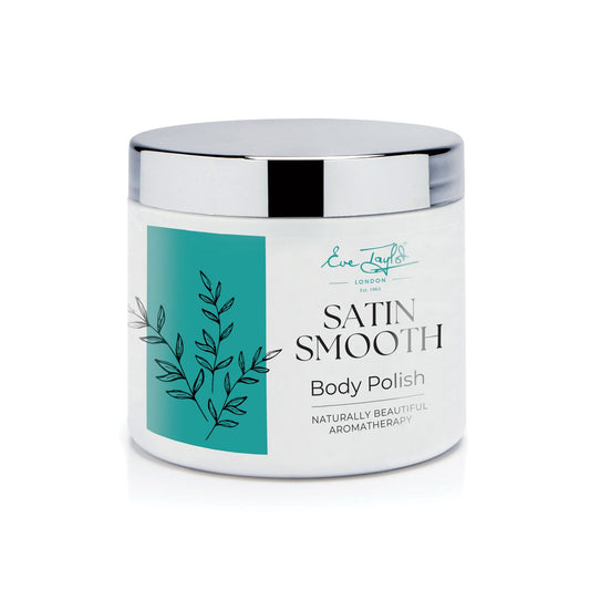 White body polish jar with teal botanical label, silver lid; Eve Taylor London.