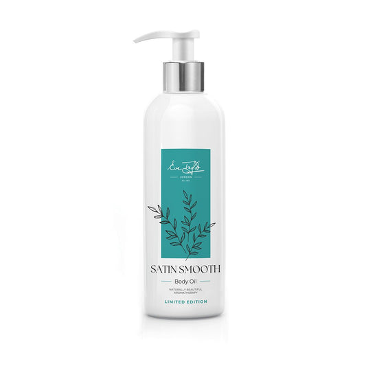 Satin Smooth body oil bottle with silver pump, white bottle and teal botanical label