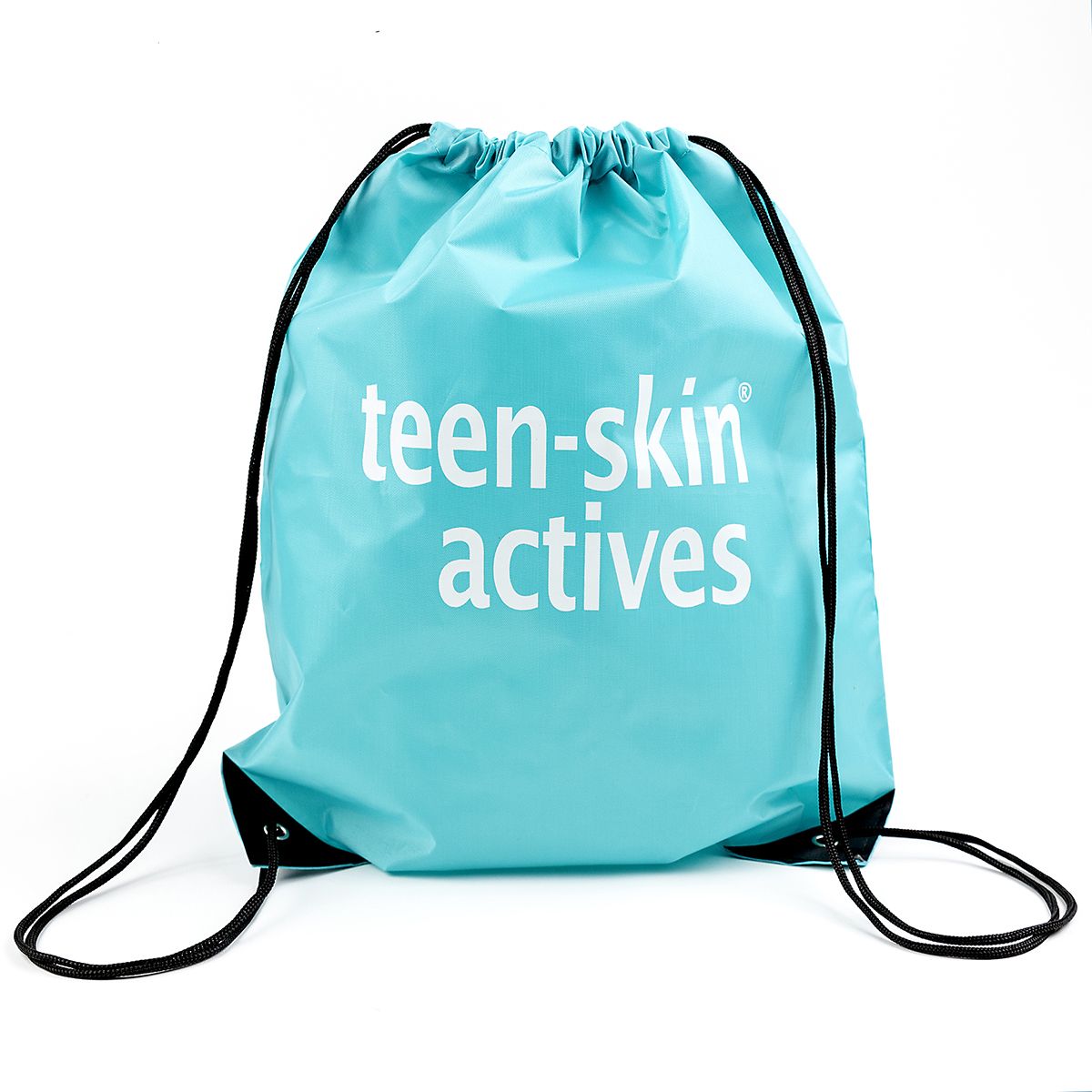 Drawstring bag with 'teen-skin actives' text on a white background