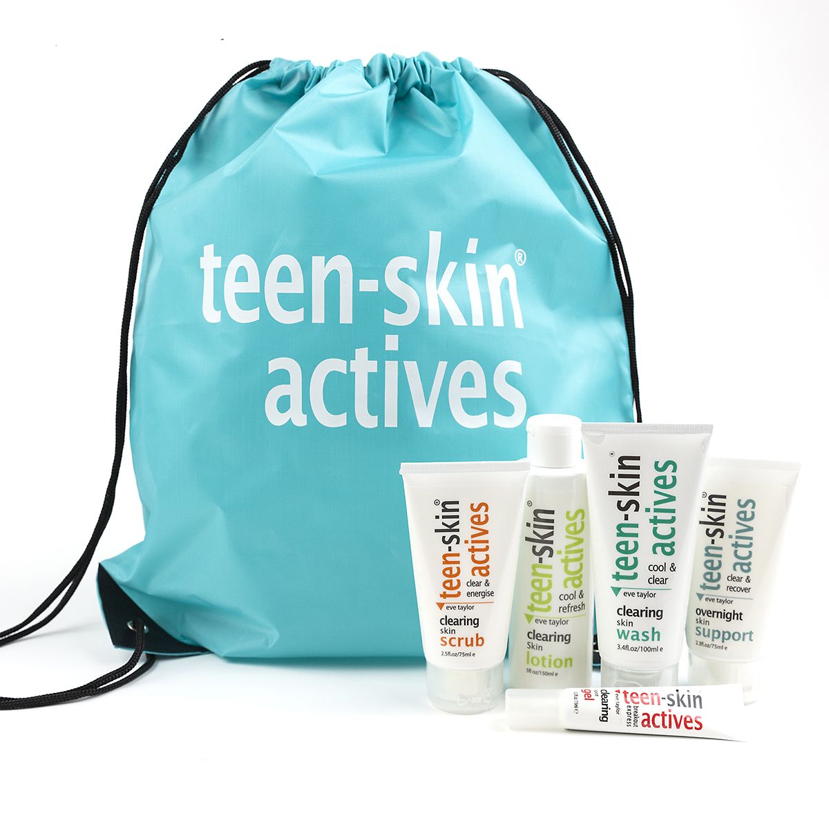 Teal drawstring bag labeled 'teen-skin actives' with skincare products on a white background