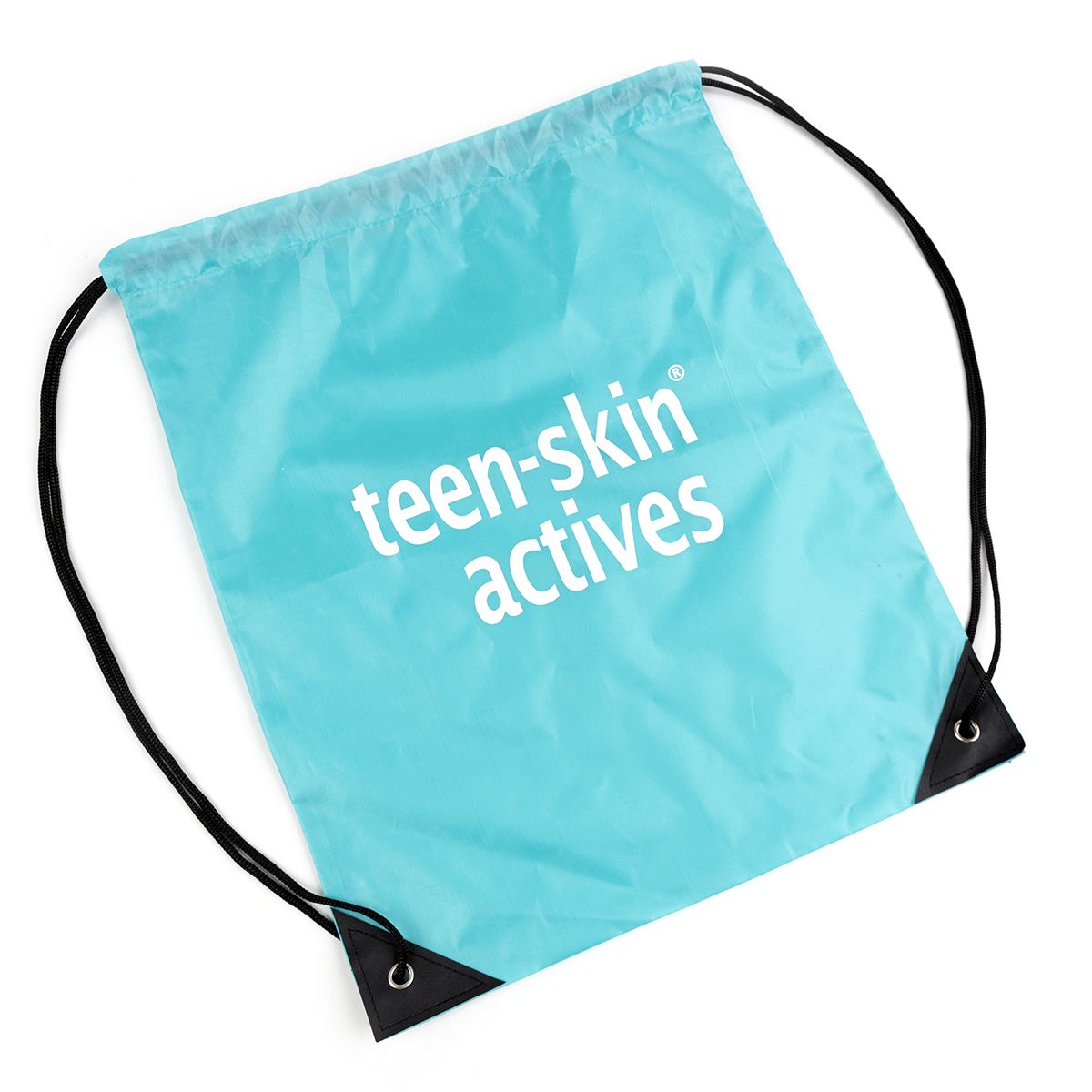 Turquoise drawstring bag with 'teen-skin actives' text on a white background
