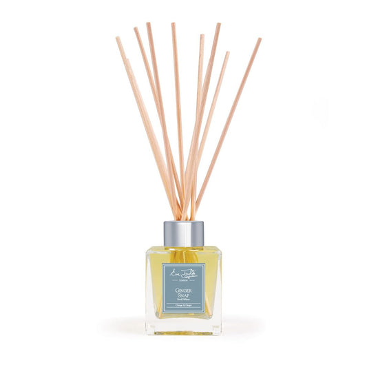 Natural reed diffuser with clear square glass bottle, silver neck, and wood reeds