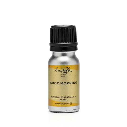 Good Morning essential oil blend bottle, amber glass with black ribbed cap