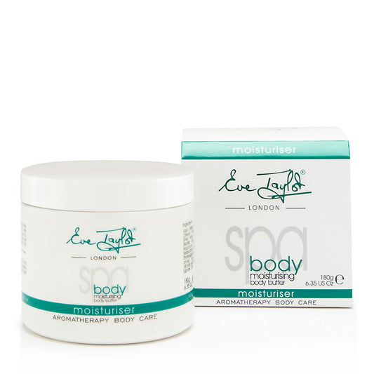 Eve Taylor body butter jars, white with teal labels; aromatherapy body care